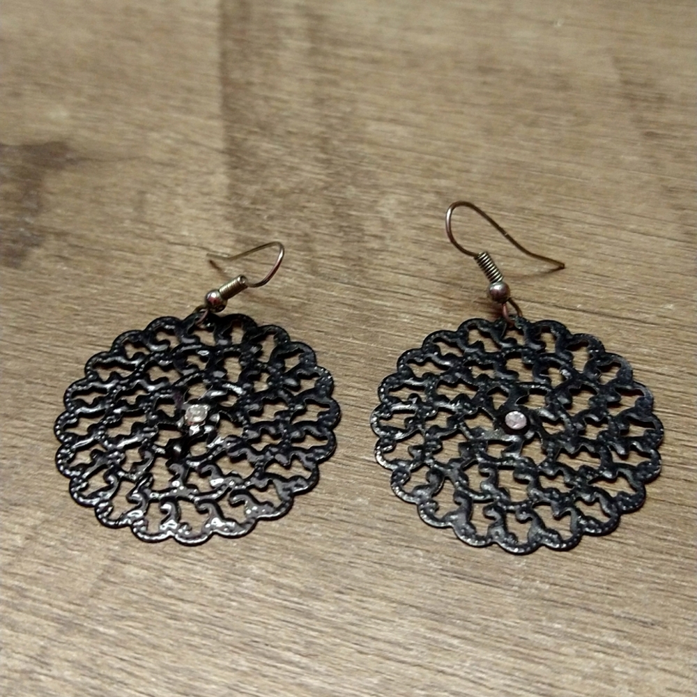Black Filigree Circle Medallion with White Faux Diamond Center Stone. Dangling.